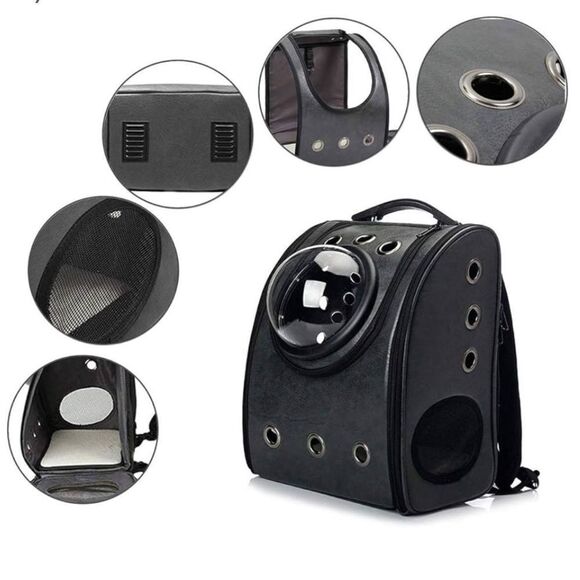 Dark Grey Vegan Leather Pet Carrier Backpack with Bubble Window - Picture 2 of 11
